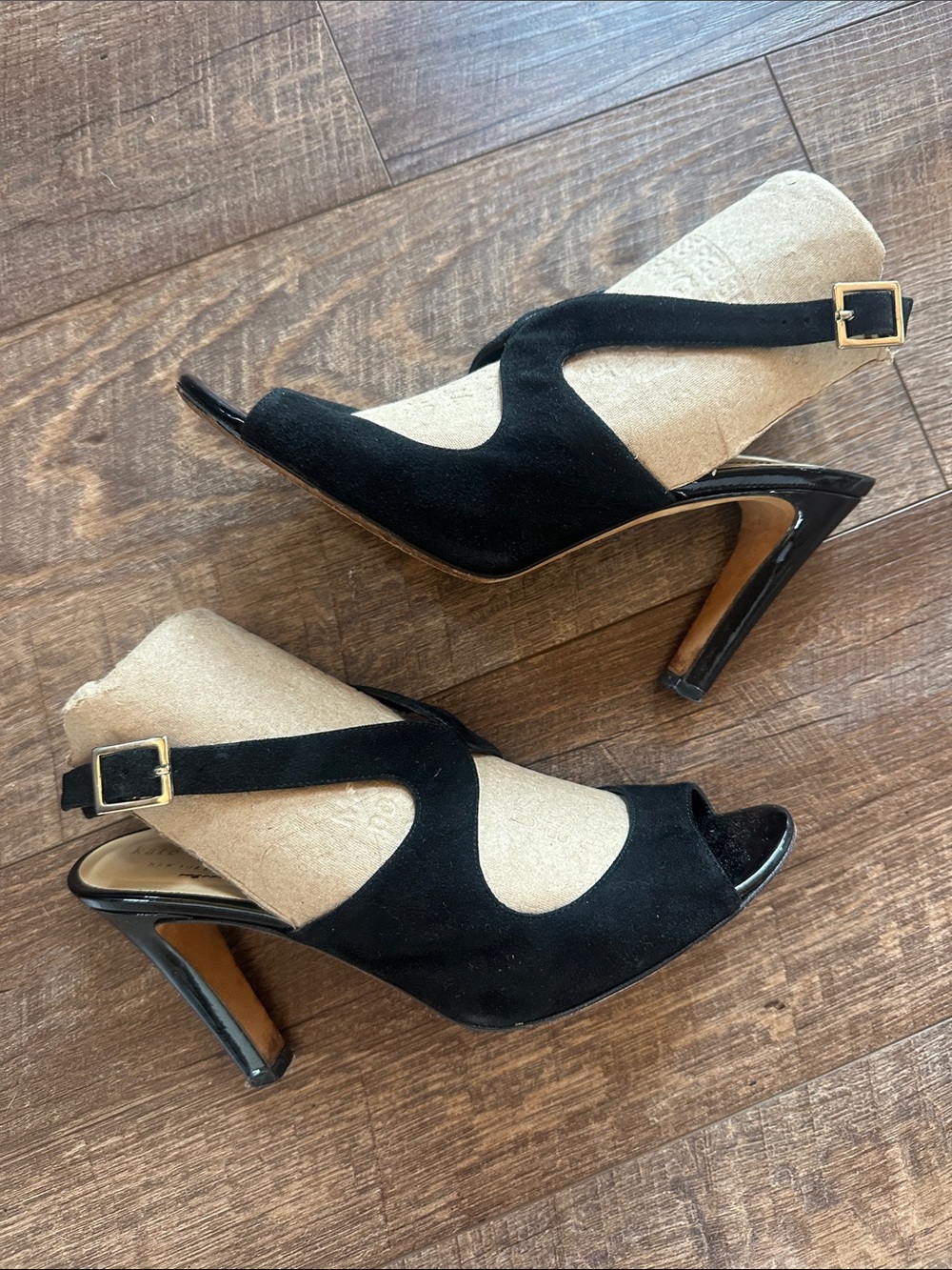 kate spade Black Suede Peep-Toe Slingback Heels with Gold Buckle made in Italy